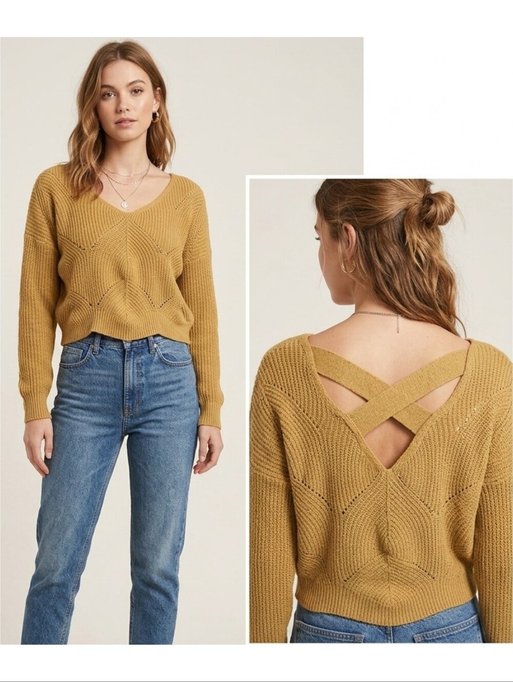 Pink Rose Cropped V-neck Sweater Mustard Yellow Size M